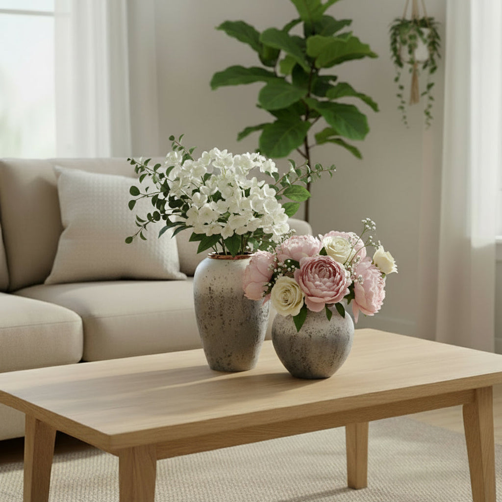SOGA Home & Living Bundle – White & Grey Ceramic Flower Vases for Elegant Living Room Decor-3