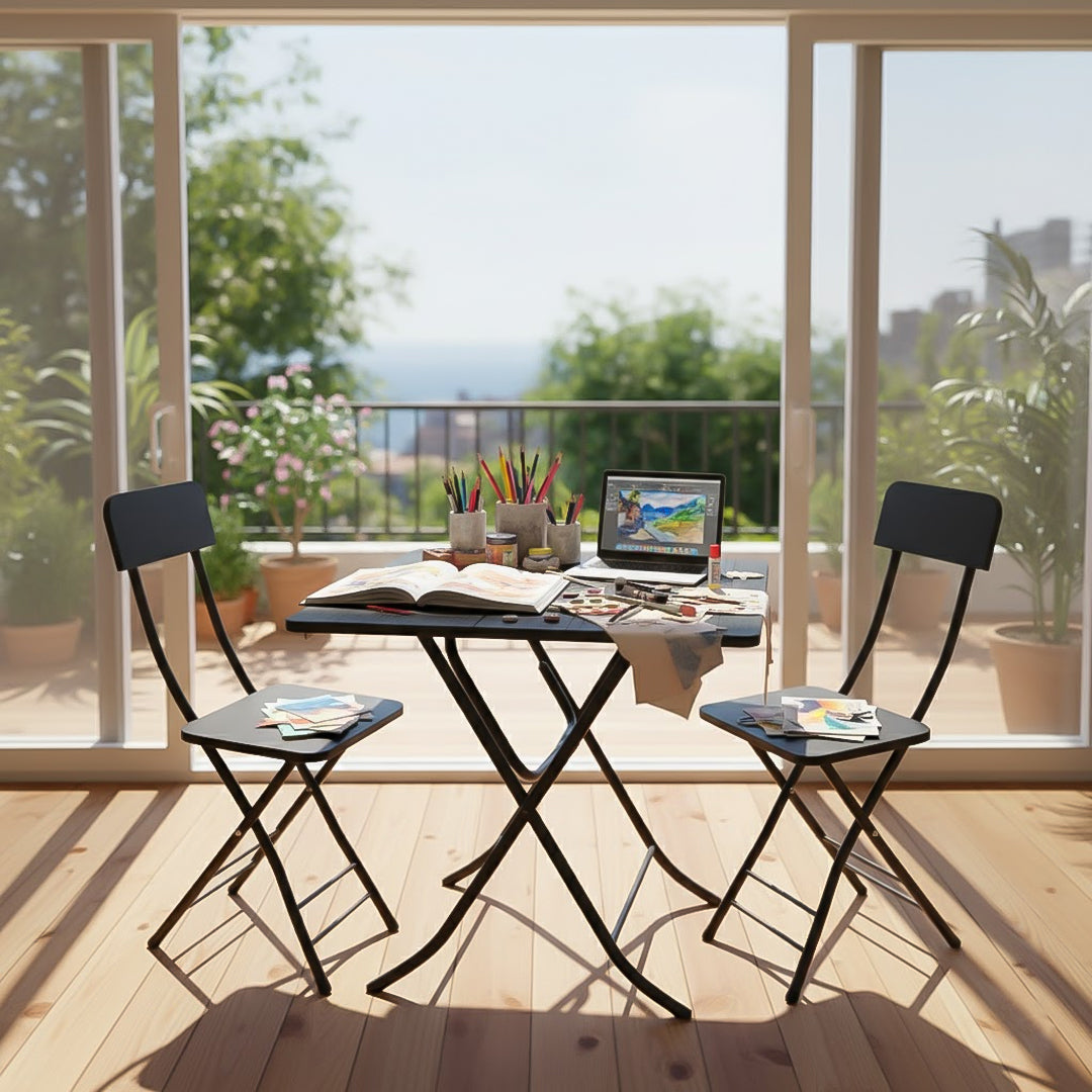SOGA Home & Living Bundle – Black Folding Dining Table & 2 Foldable Chairs for Home Decor-4