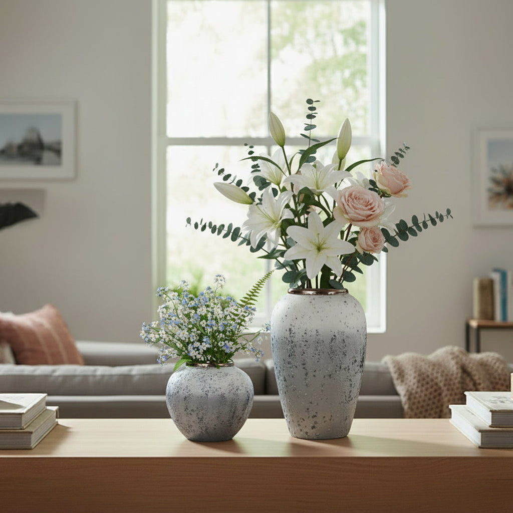 SOGA Home & Living Bundle – White & Grey Ceramic Flower Vases for Elegant Living Room Decor-4
