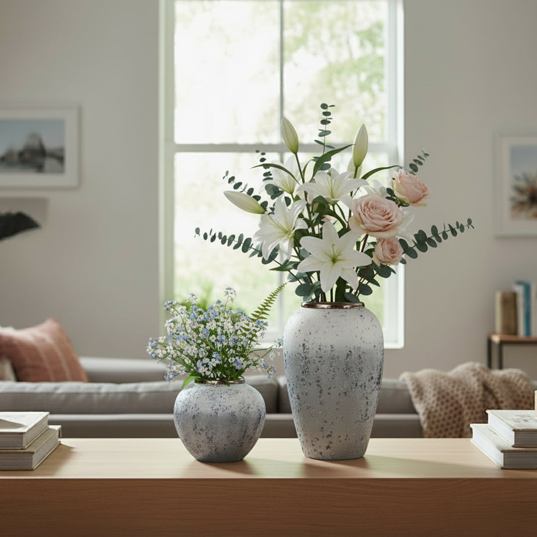 SOGA Home & Living Bundle – White & Grey Ceramic Flower Vases for Elegant Living Room Decor-4
