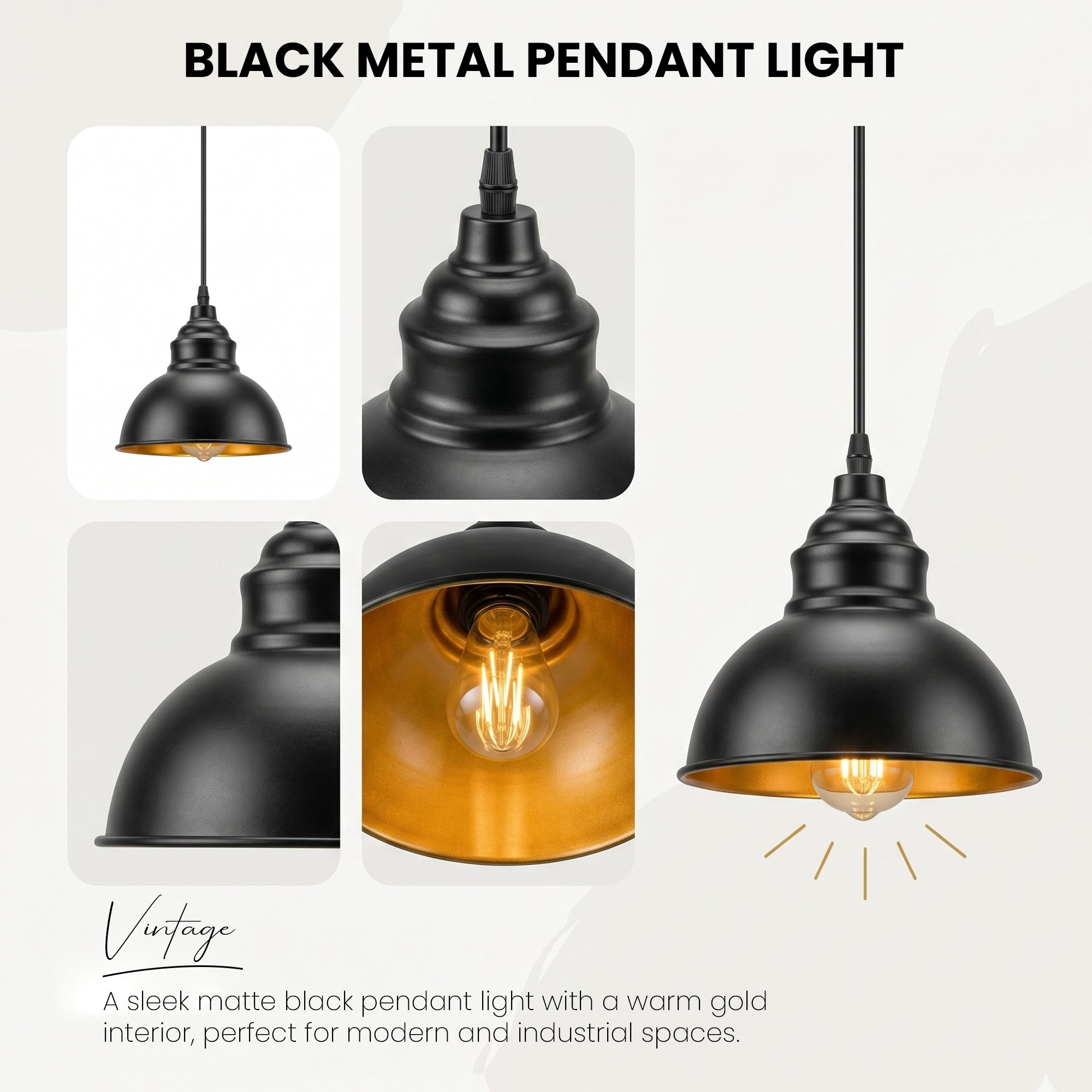 Industrial Black Pendant Light E27 Gold Inner Shade ~6789