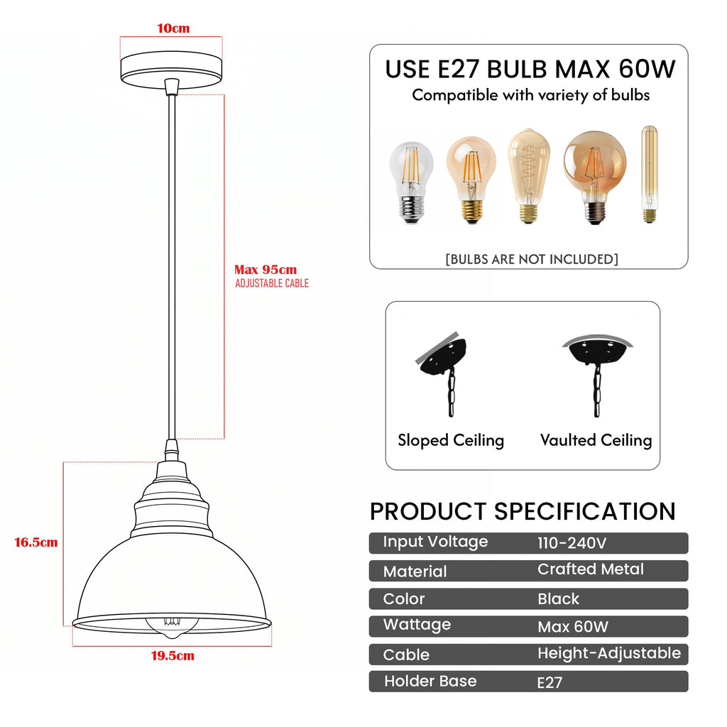 Industrial Black Pendant Light E27 Gold Inner Shade ~6789