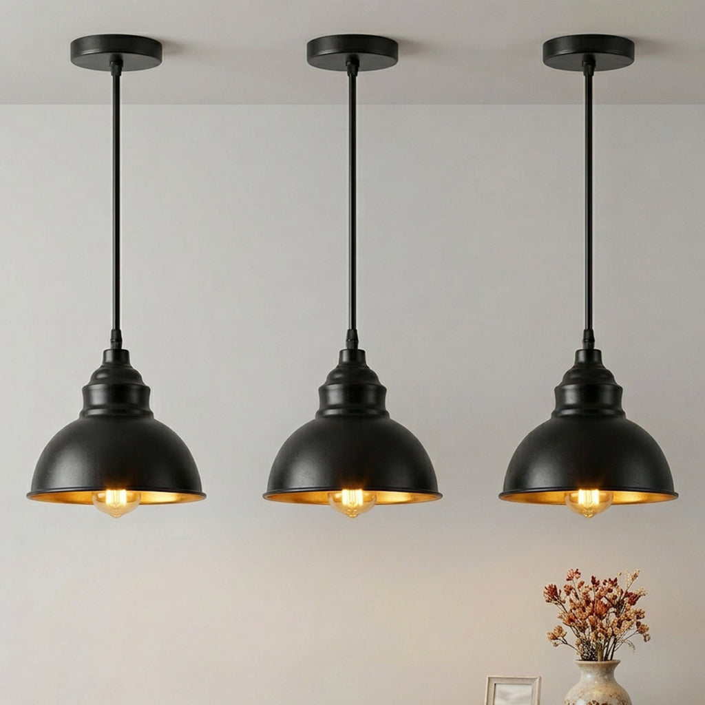 Industrial Black Pendant Light E27 Gold Inner Shade ~6789
