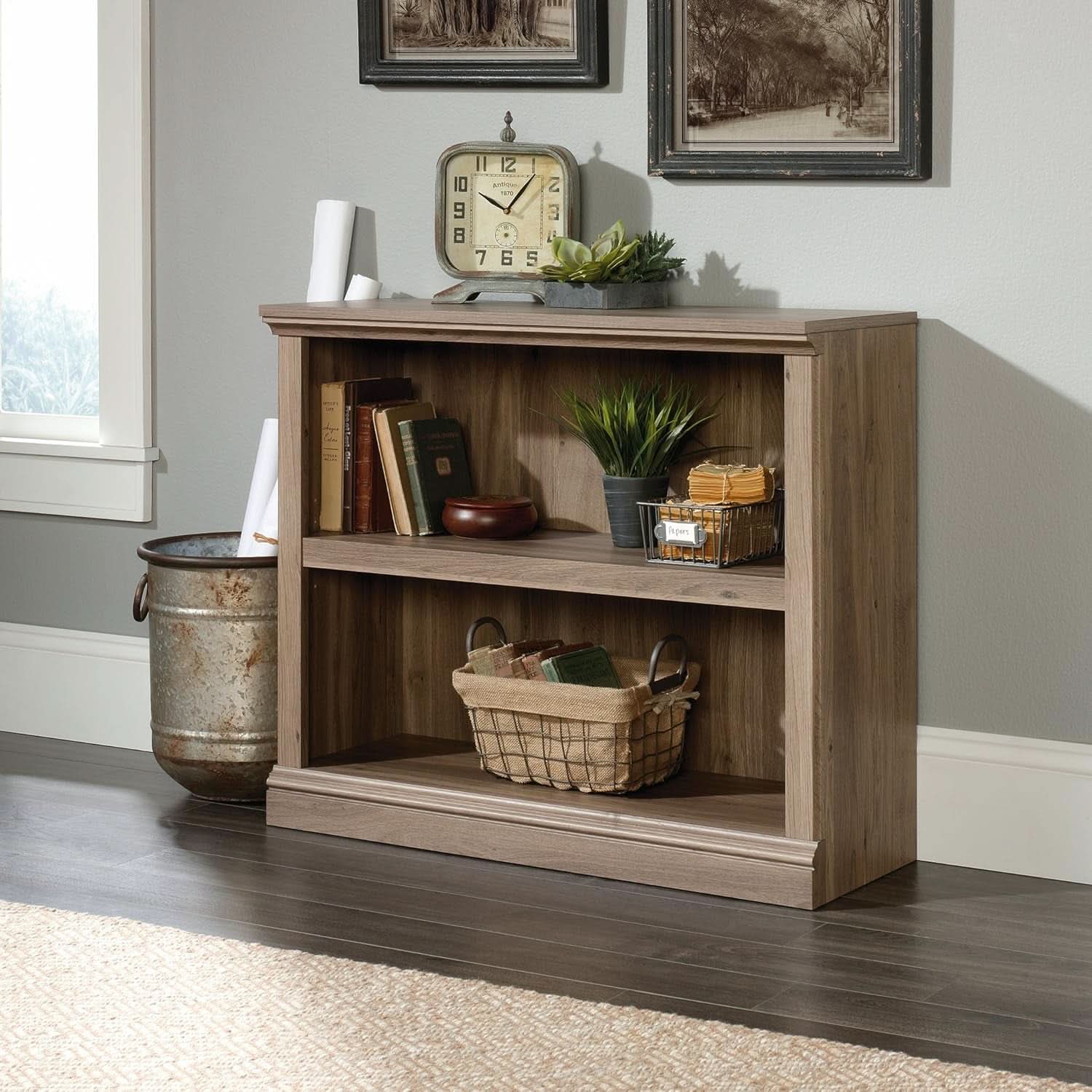 Two Tier Wooden Bookcase Salt Oak Multipurpose Bookshelf For Home Office And Living Room-1