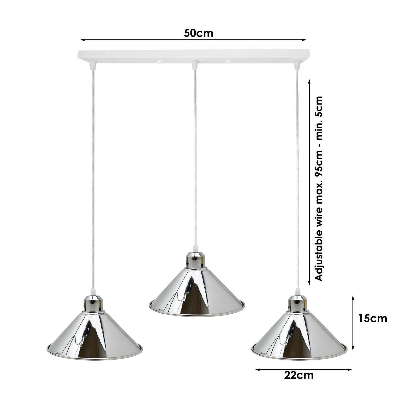 Modern Industrial Chrome 3 Way Ceiling Pendant Light Metal Cone Shape Shade Indoor Hanging Light~1183