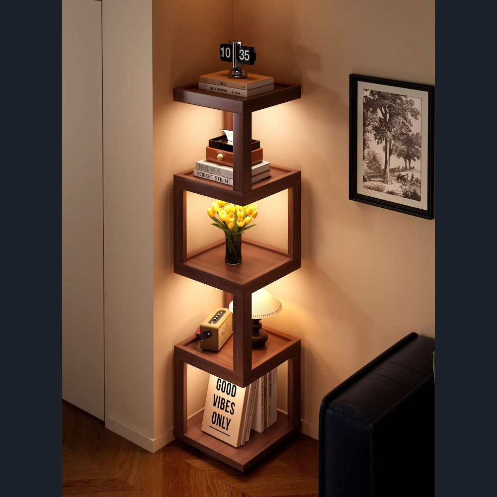 Mid-Century Style 4-Tier Revolving Bookshelf – 360° Rotating Corner Shelf