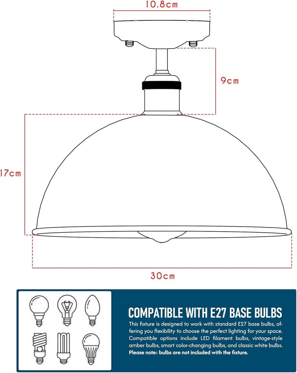 Vintage Flush Mount Ceiling Light - 30cm Metal Dome ~6694