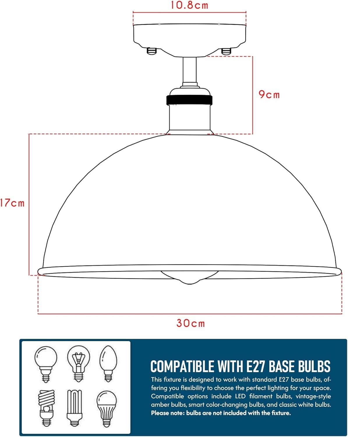 Vintage Flush Mount Ceiling Light - 30cm Metal Dome ~6694