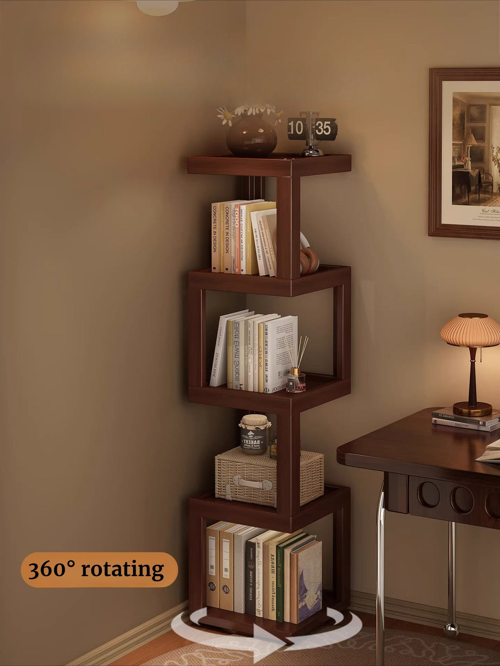 Mid-Century Style 4-Tier Revolving Bookshelf – 360° Rotating Corner Shelf
