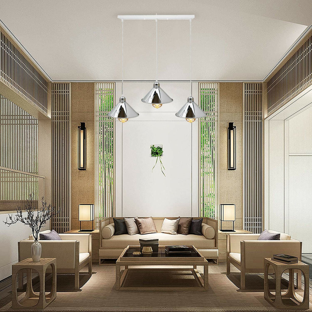 Modern Industrial Chrome 3 Way Ceiling Pendant Light Metal Cone Shape Shade Indoor Hanging Light~1183