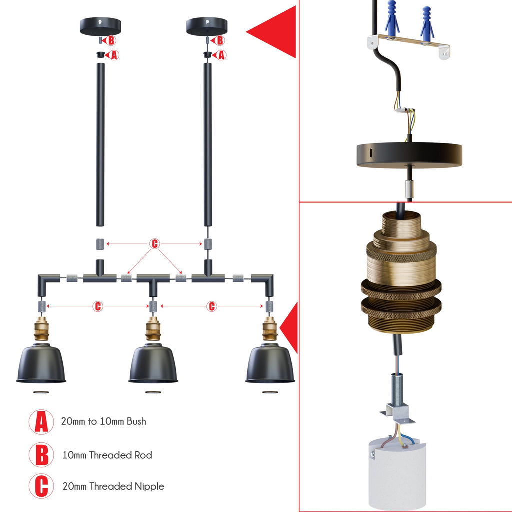 3-Way Industrial Pipe Ceiling Pendant Lights Fitting Metal Indoor Lamp ~5638