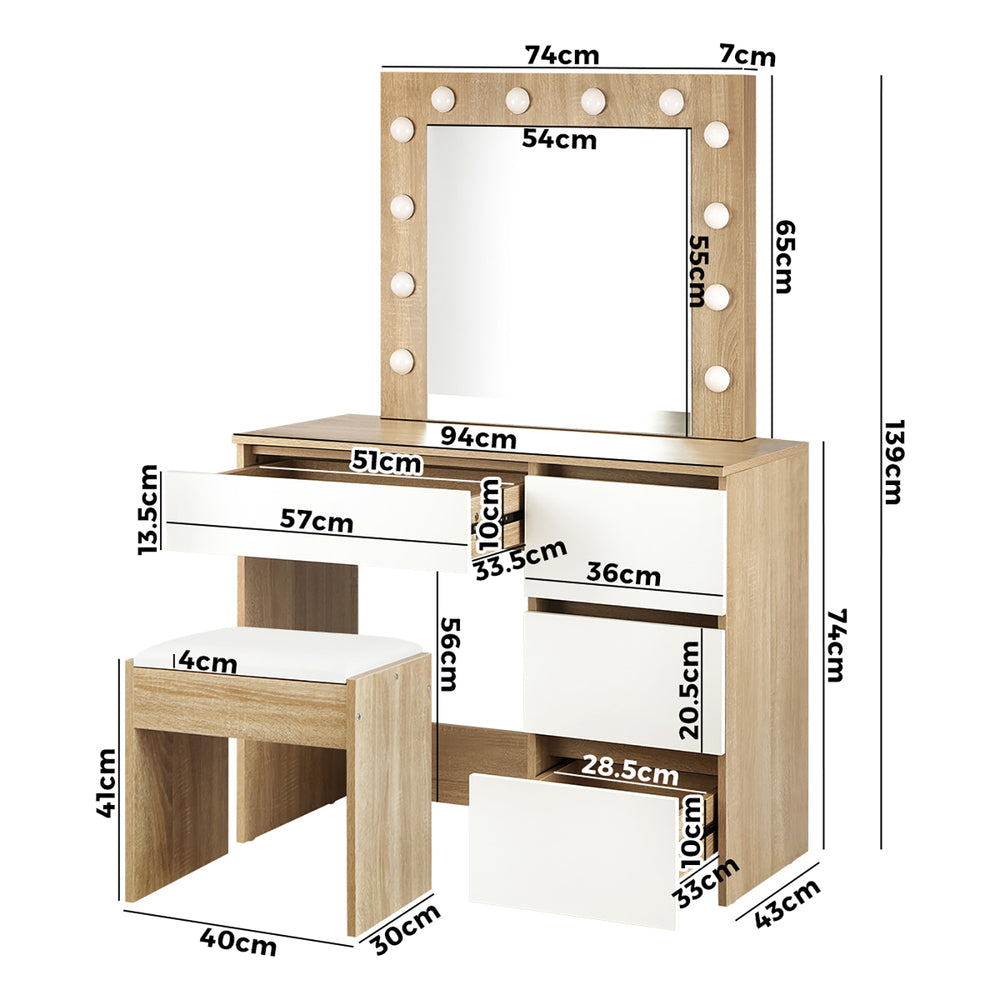 NNEED Dressing Table Stool Set 12 LED Bulbs Mirror Wooden&White