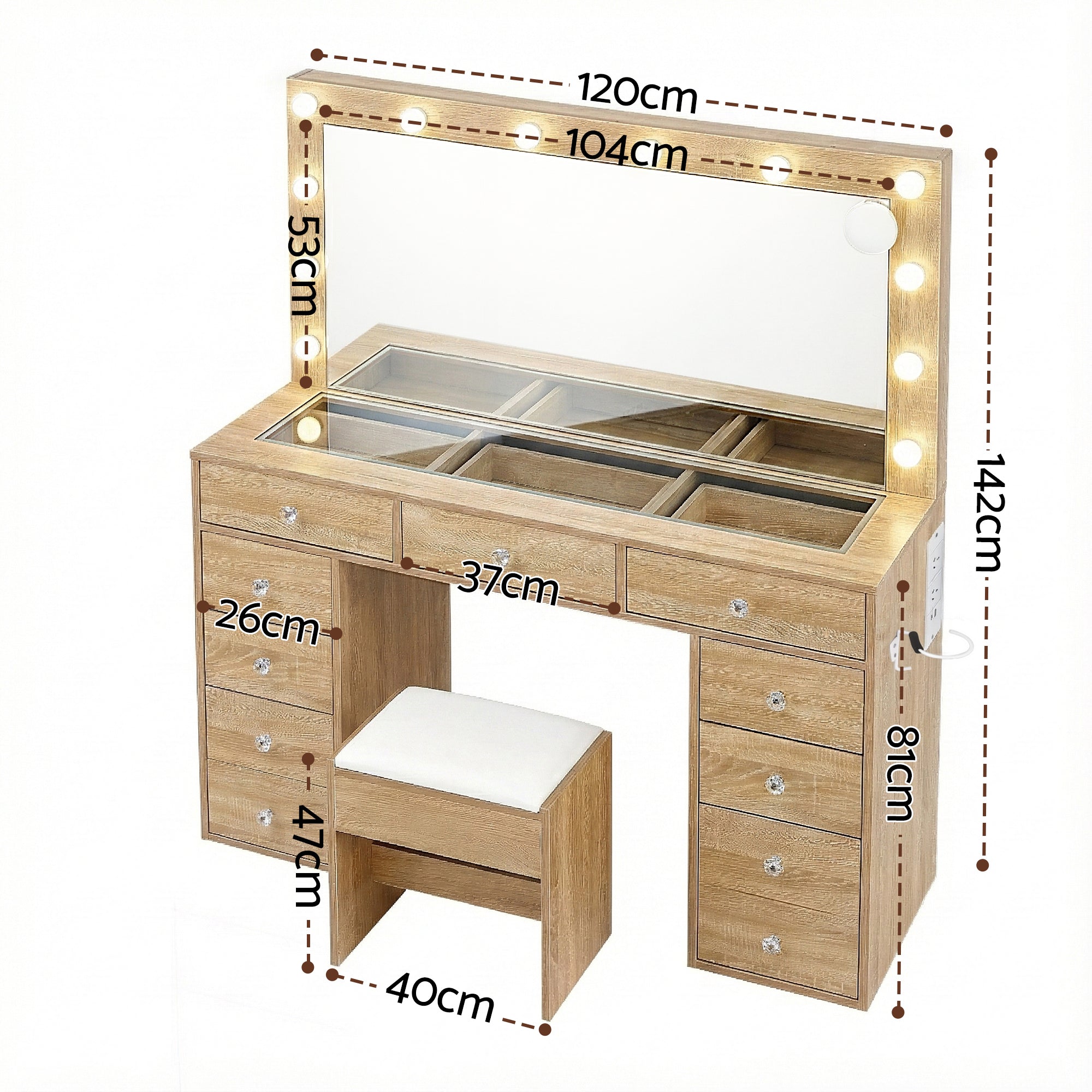 Artiss Dressing Table Vanity Desk Set Stool LED Bulbs Wood