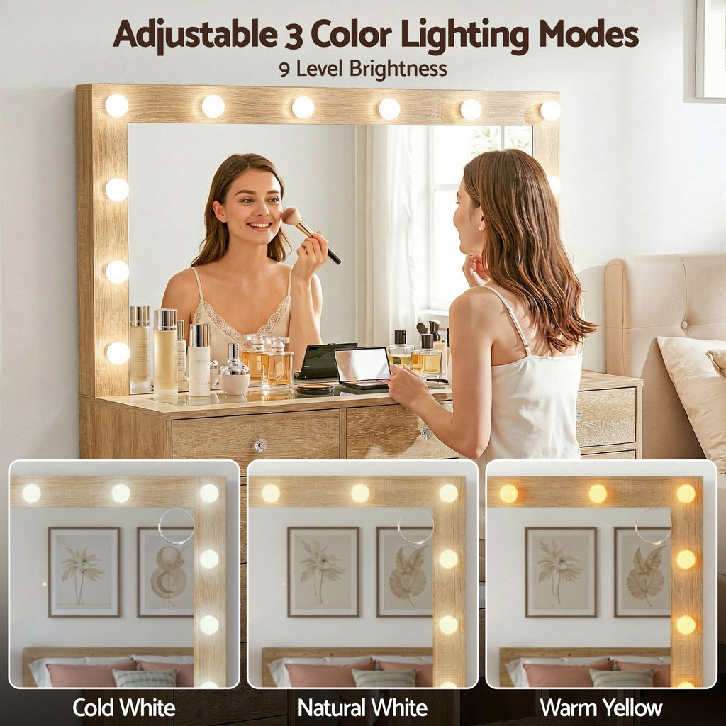 Artiss Dressing Table Vanity Desk Set Stool LED Bulbs Wood