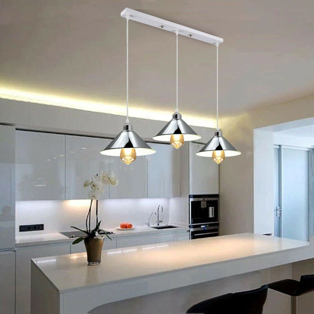 Modern Industrial Chrome 3 Way Ceiling Pendant Light Metal Cone Shape Shade Indoor Hanging Light~1183