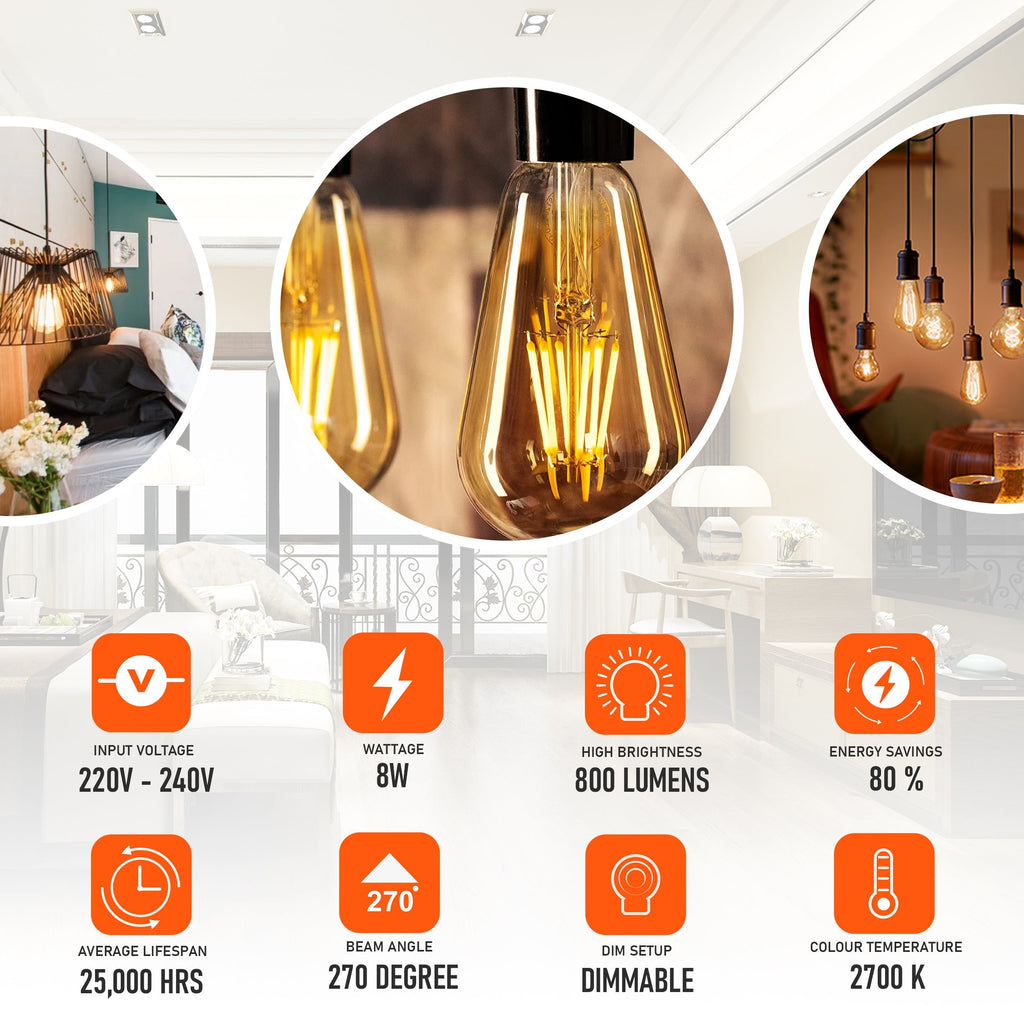 8W 10-Pack E27 LED Edison Bulbs – Dimmable Vintage Amber Glass ~4174