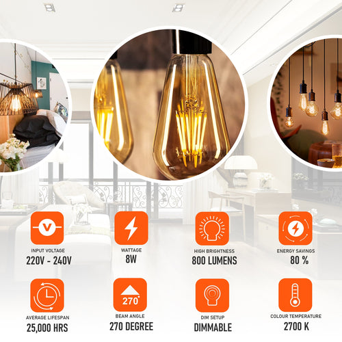 8W 10-Pack E27 LED Edison Bulbs – Dimmable Vintage Amber Glass ~4174